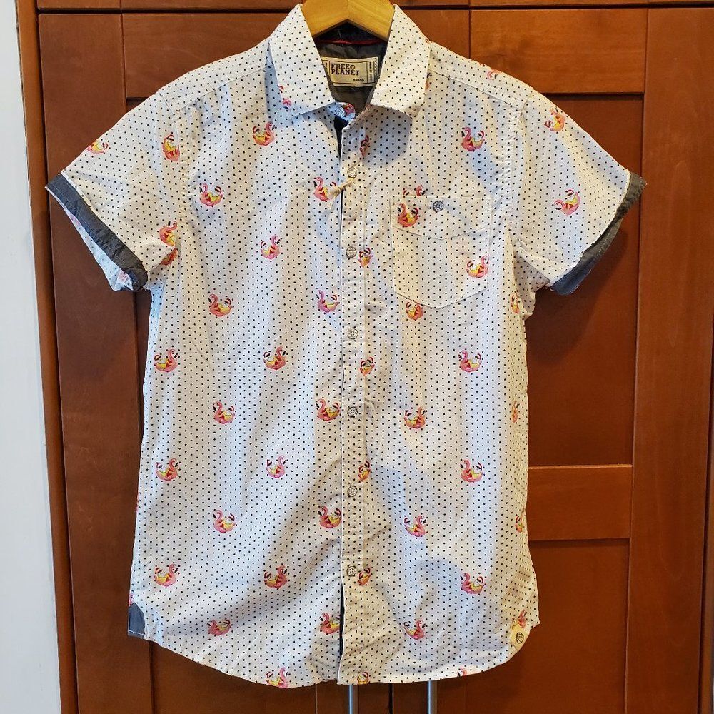 New No Tags Free Planet Polka Dots Santa riding Flamingo Shirt Mens Size M